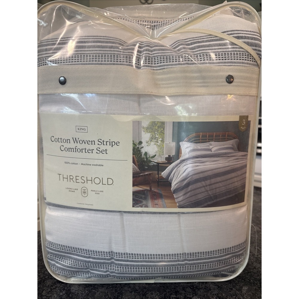 Threshold Cotton Woven Strip Comforter Set 3 Piece Gray /white